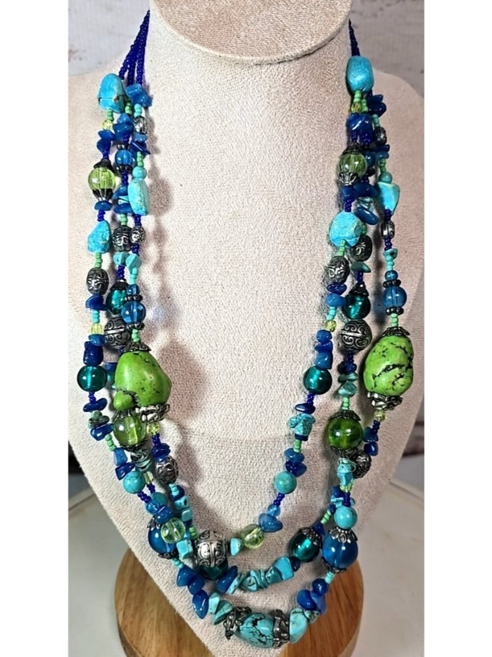 3 Strand Necklace Stone Glass Sead & Metal Beads Turquoise Blue 18" Adjustable